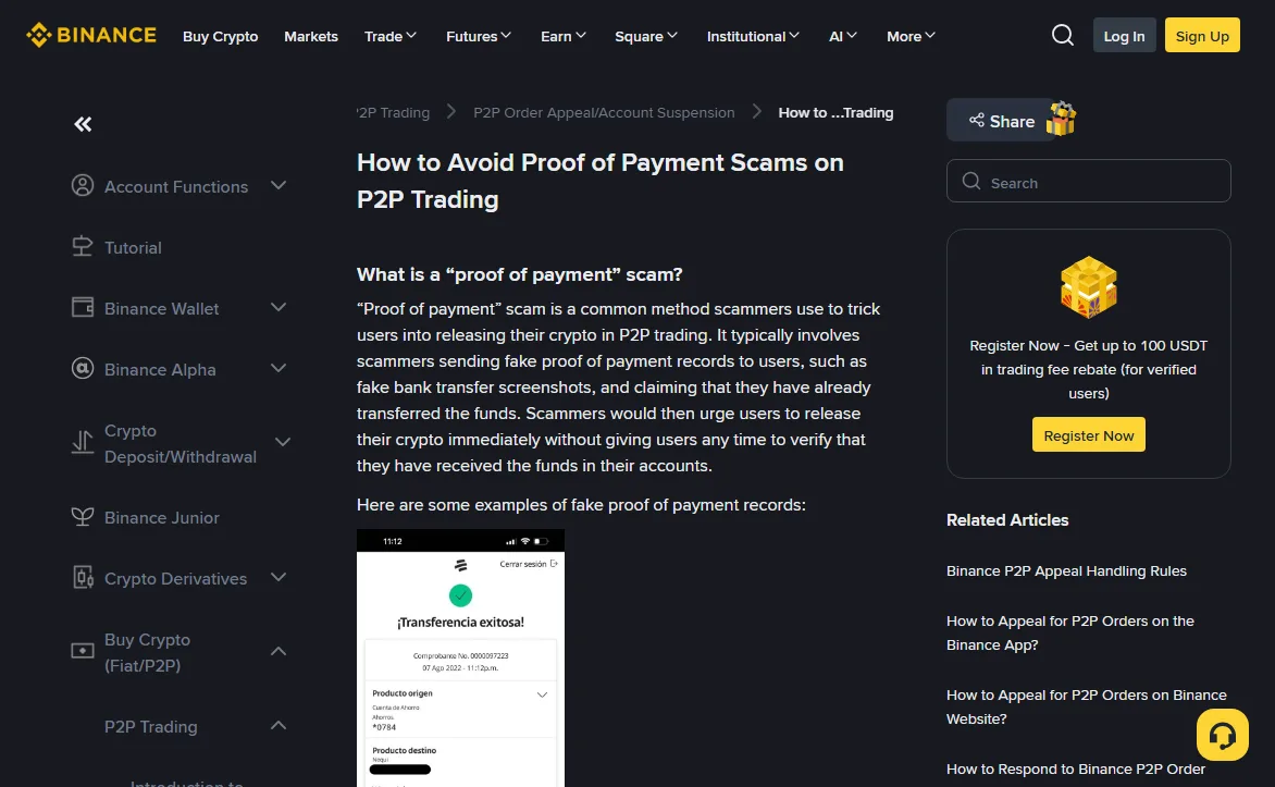 Binance help centre article How to Avoid Proof of Payment Scams on P2P Trading, showing its definition of the scam and the first example of a fake transfer receipt