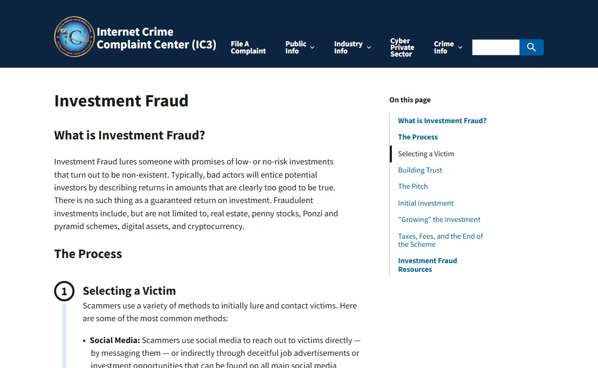 FBI Internet Crime Complaint Center Investment Fraud page, with the On this page menu listing a section titled Taxes, Fees, and the End of the Scheme