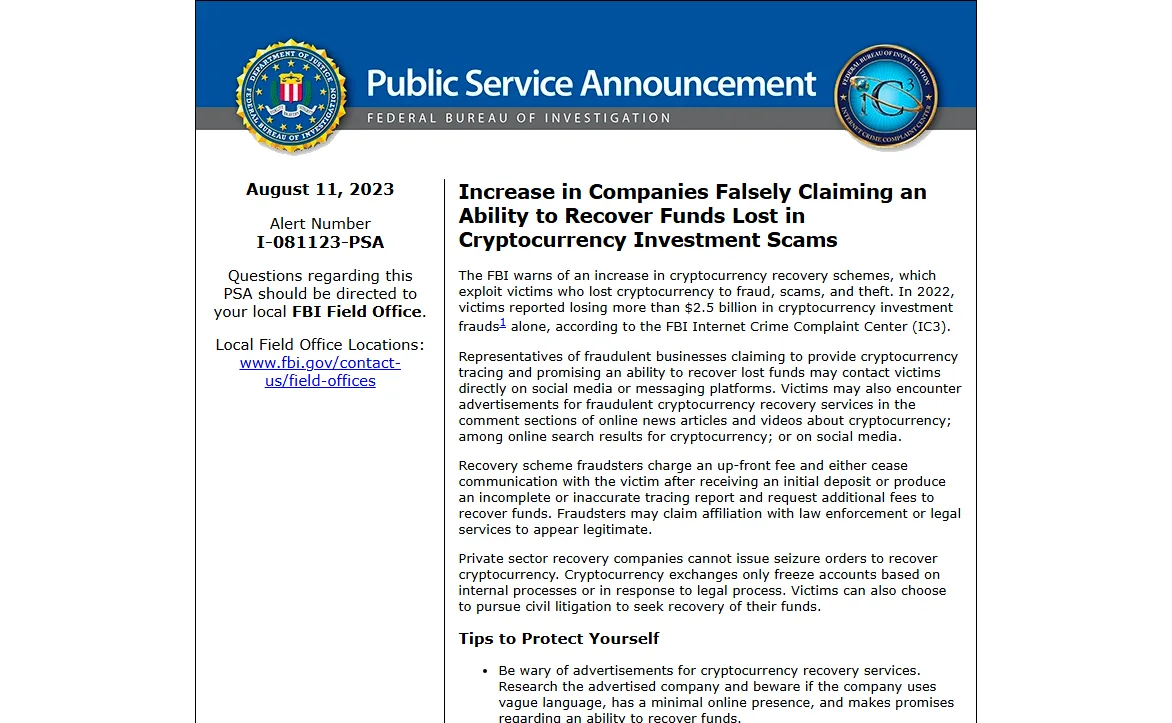 FBI public service announcement dated August 11, 2023, titled Increase in Companies Falsely Claiming an Ability to Recover Funds Lost in Cryptocurrency Investment Scams, with a paragraph stating that private sector recovery companies cannot issue seizure orders